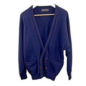 Vintage Cardigan Sweater Mens Size Medium Navy Blue 100% Wool Dad Grandpa